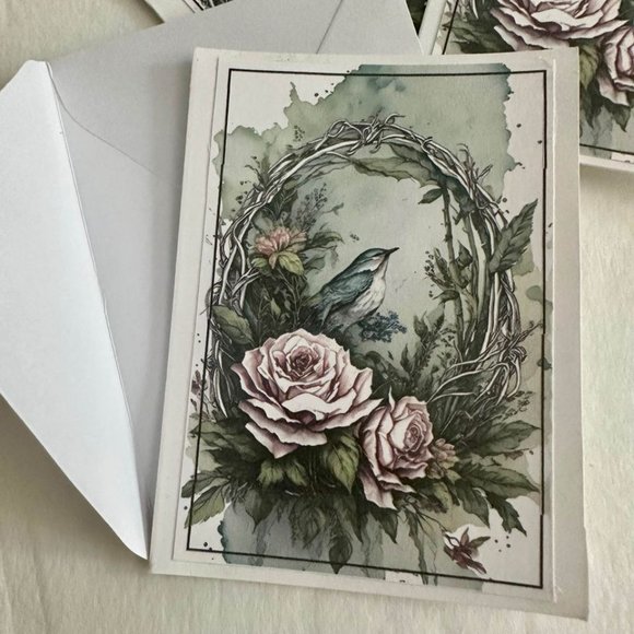 Set of 5-Watercolor Grapevine Wreath w/Pink Roses & Bird Handmade Folded Blank N - Picture 2 of 4